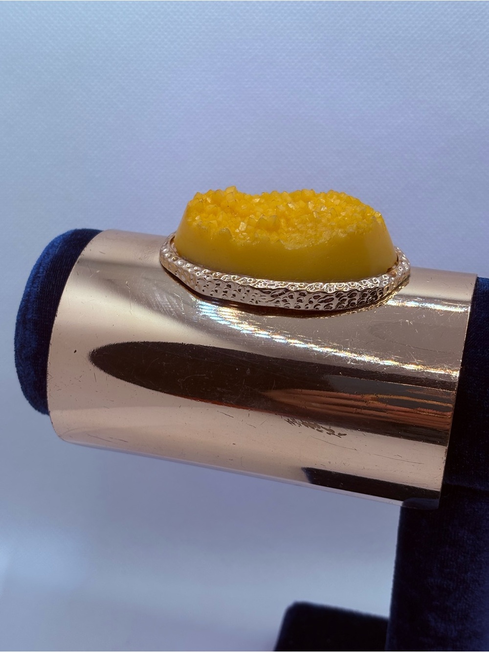 Large Faux Druzy Yellow Brass Cuff Bracelet 4” Hammered Adjustable